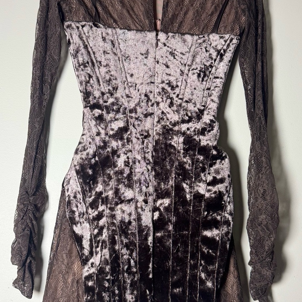 House of CB Taupe Velvet & Lace Long Sleeve Corset Dress - Picture 5 of 7